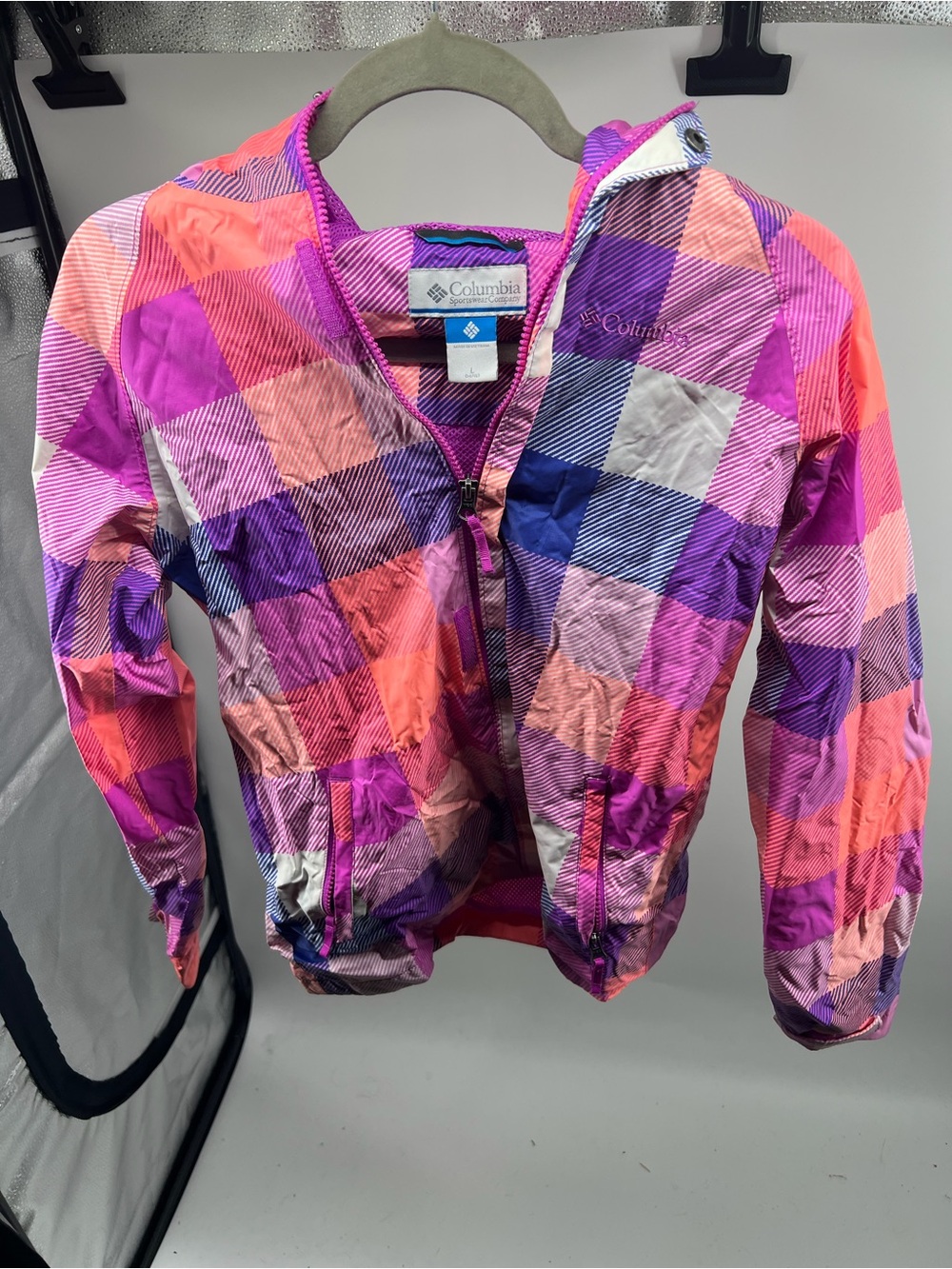 Columbia Multi-Color Pink Purple Orange Plaid Rain Jacket